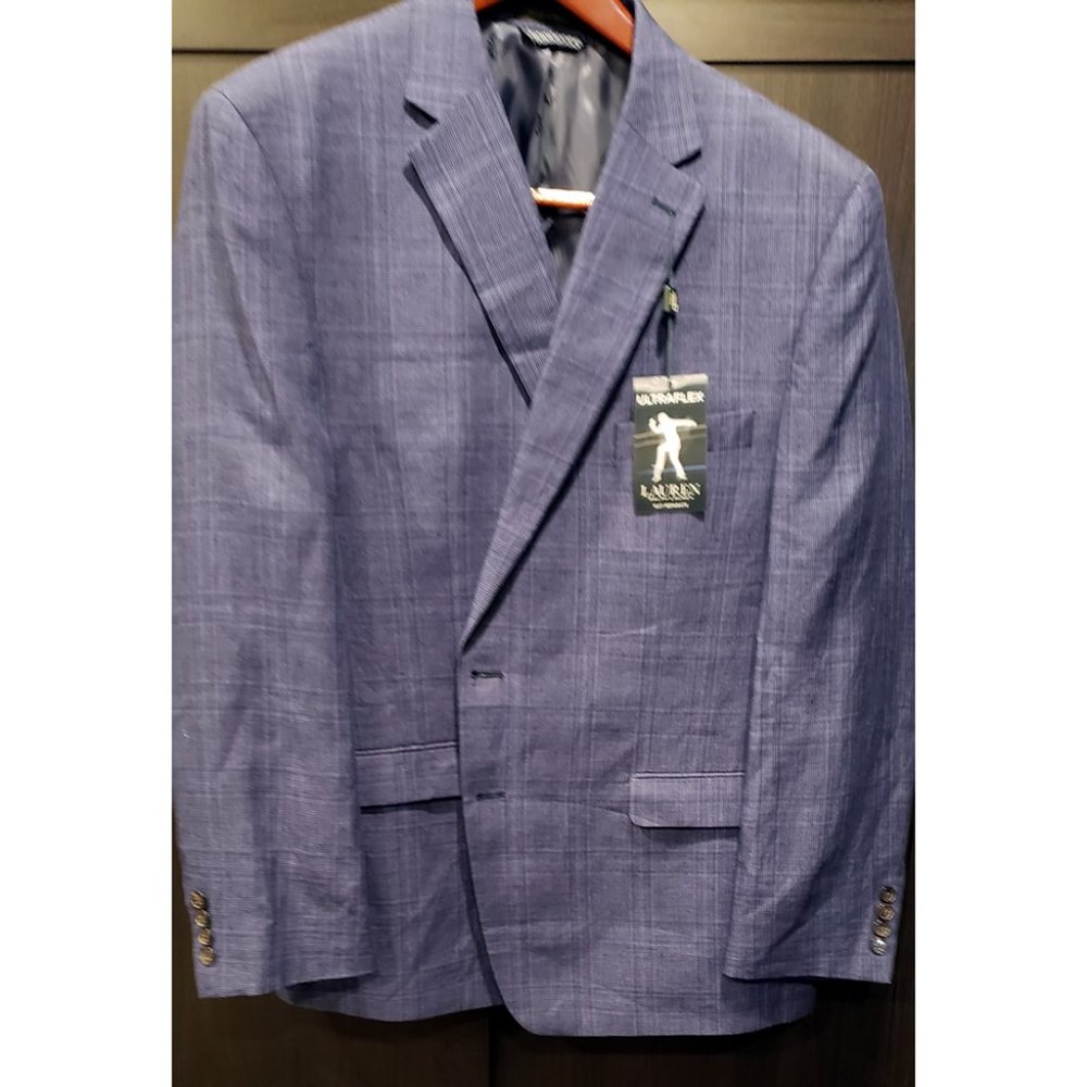 100% Linen Lauren Men's Classic-Fit Blue Plaid 3-piece Suit (new w/tags)